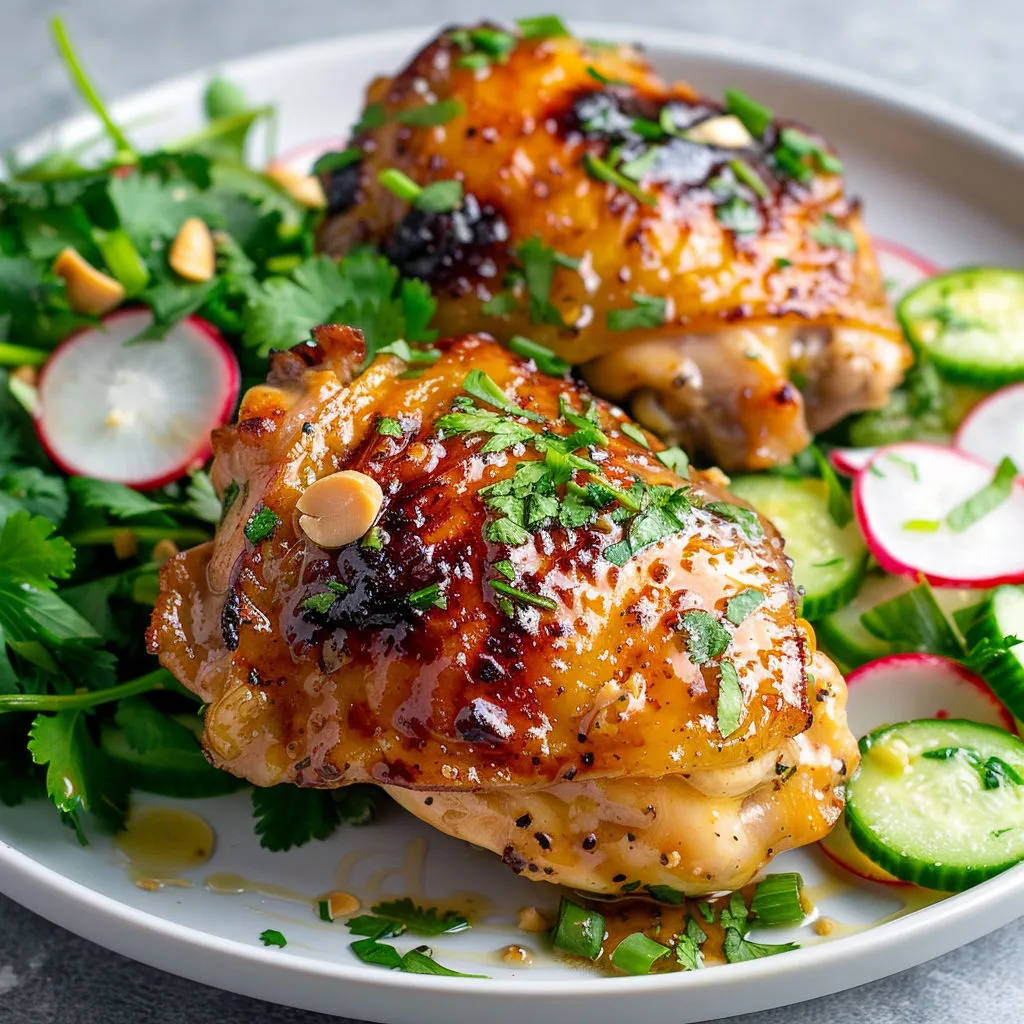 Cuisses de poulet rôties, nappées de sauce onctueuse au beurre de cacahuète et coco.