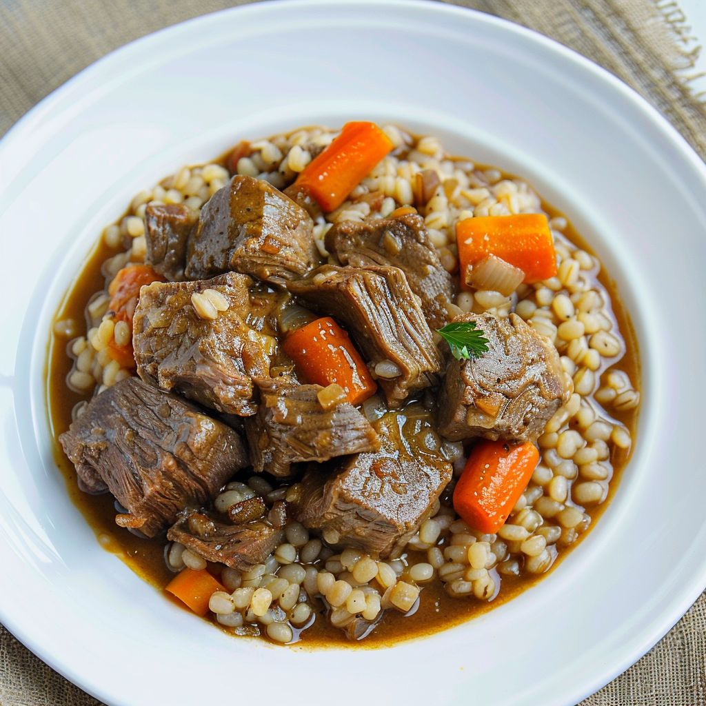 Boeuf mijoté à la moutarde avec légumes rustiques et orge.