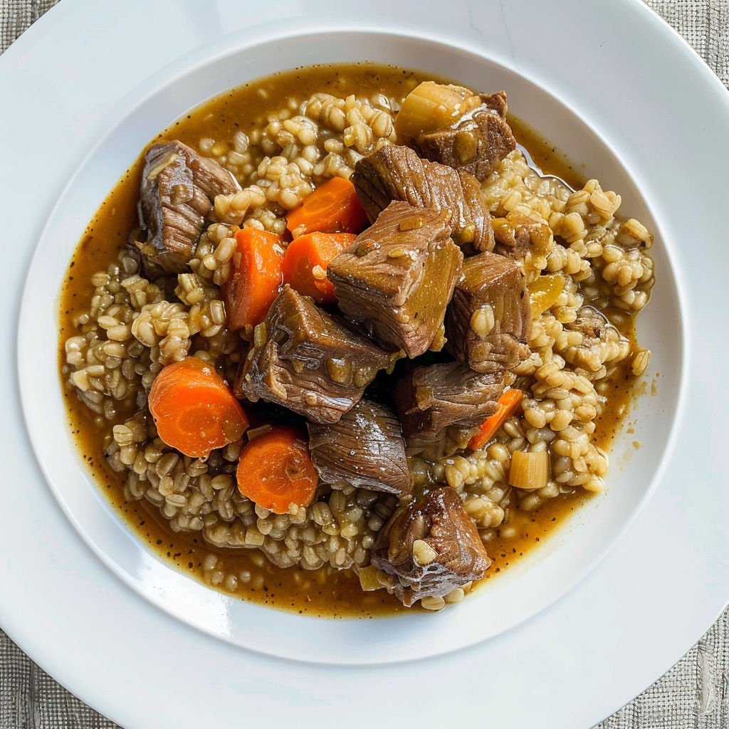 Un plat de viande avec sauce et orge, servi bien chaud.