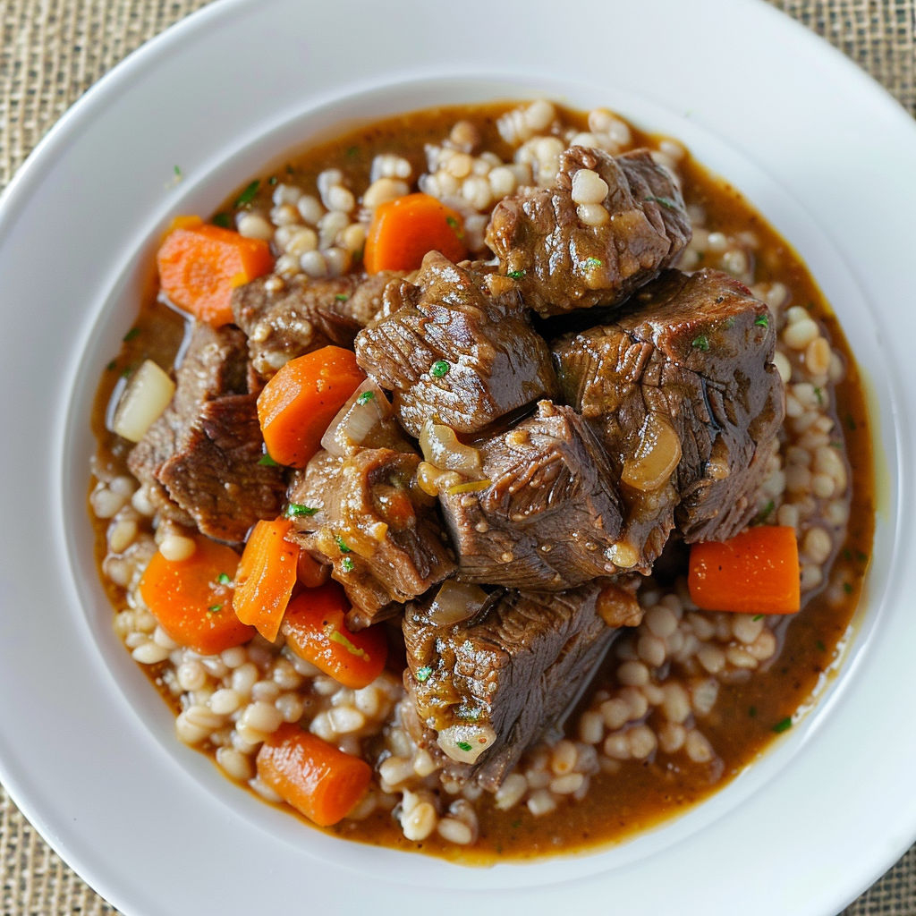 Une assiette avec de la viande en sauce et de l’orge, sur une nappe.