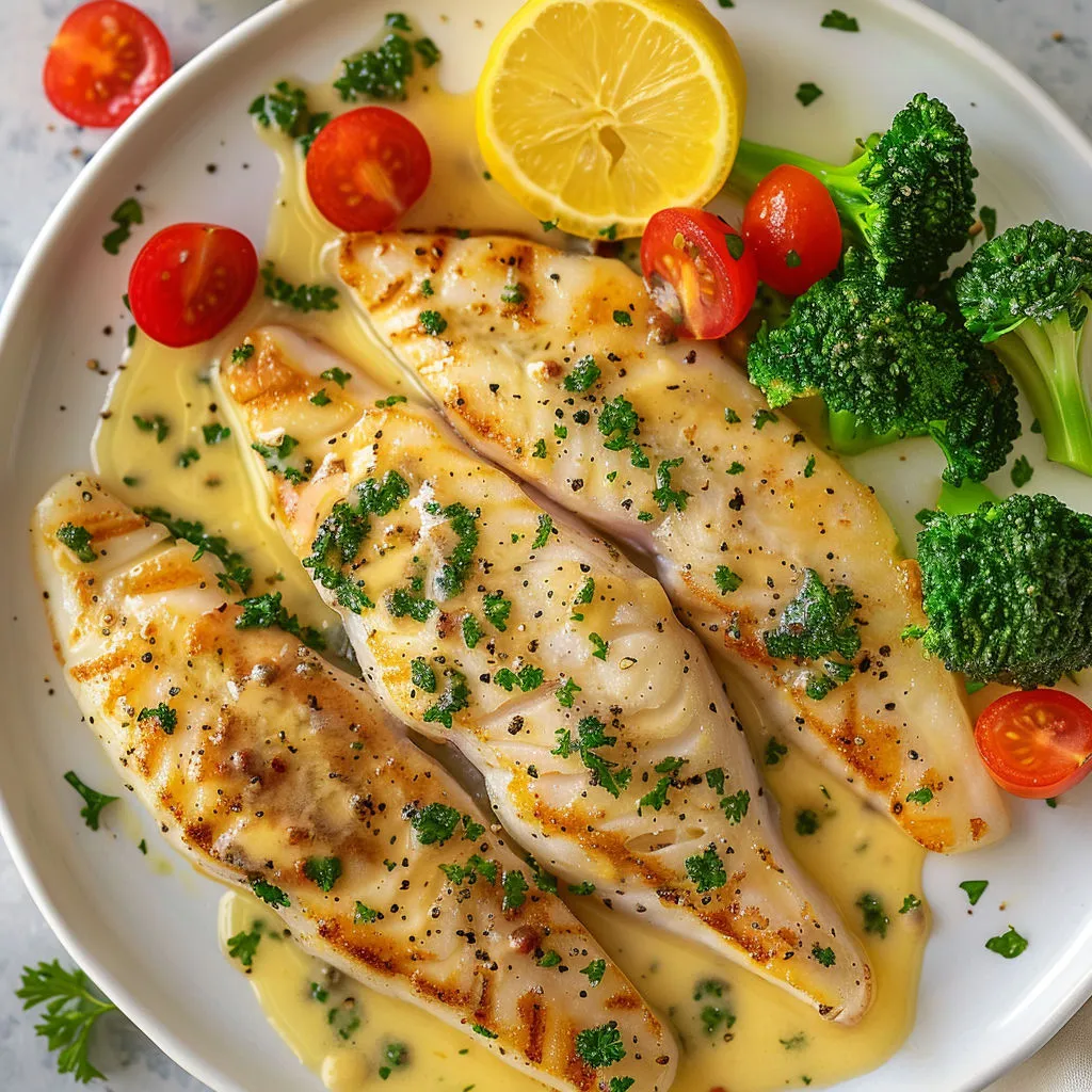 Filets de sole dorés nappés d’une sauce citron-anchois aux côtés de brocolis croquants.