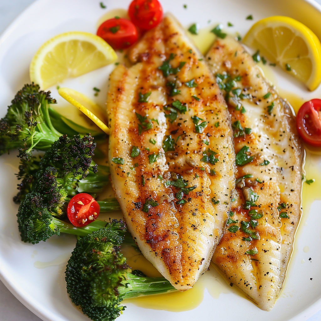 Poêlée de sole avec brocolis et tomates, servie avec une sauce mayonnaise relevée.