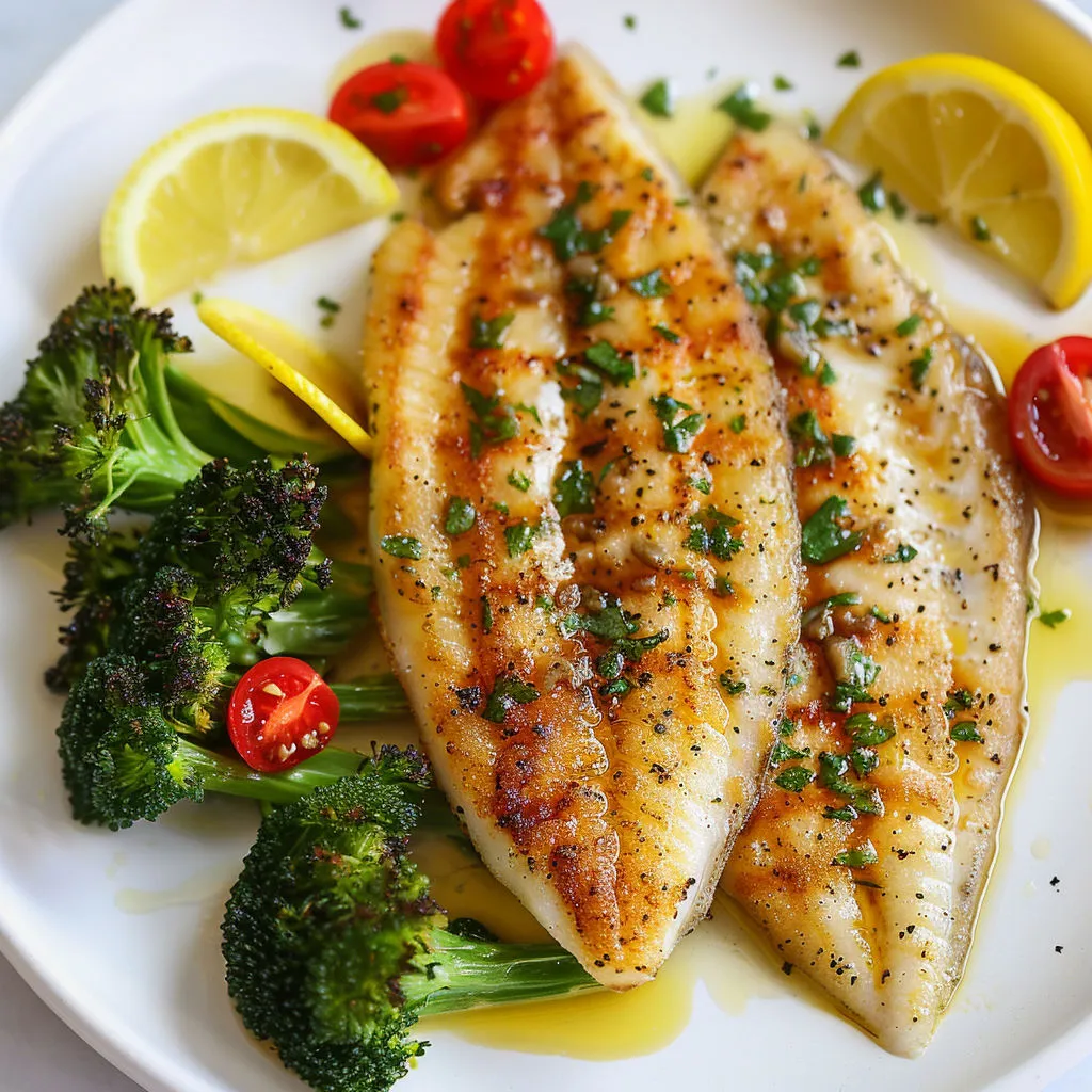 Poêlée de sole avec brocolis et tomates, servie avec une sauce mayonnaise relevée.