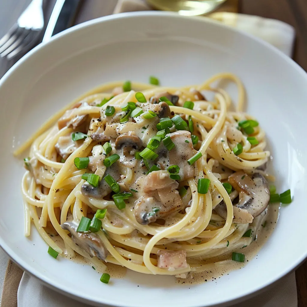 Une assiette de spaghettis crémeux, thon et champignons poêlés, surmontée d’oignons nouveaux.