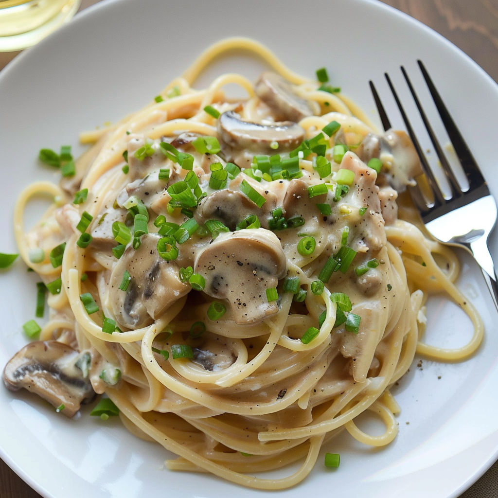 Un joli plat de spaghettis tout doux au thon, sauce blanche et champignons, rehaussé d’oignons nouveaux frais.