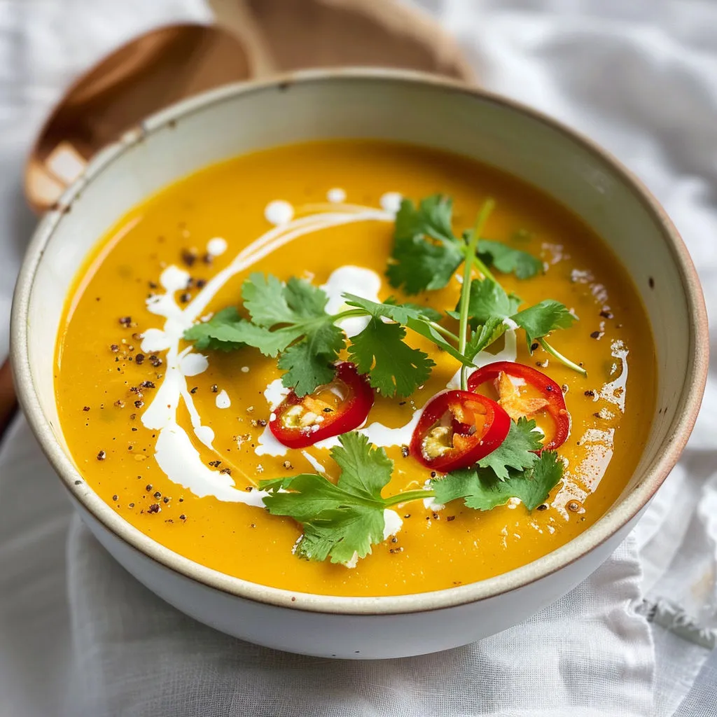 Un bol généreux de soupe de courge pimentée au curry, rehaussé de gingembre et d’un filet de crème.