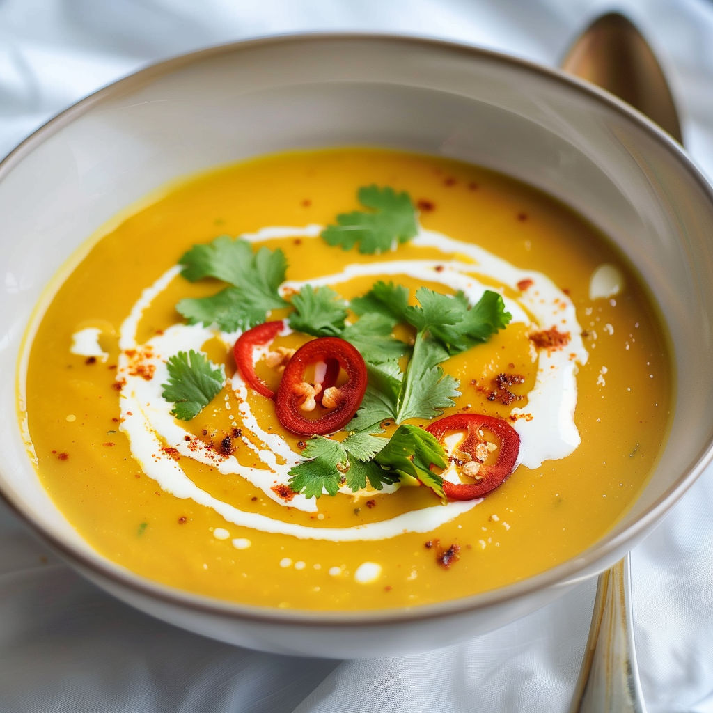 Bol de soupe de courge butternut très doux au curry, parfumée à la moutarde et garnie d’herbes.