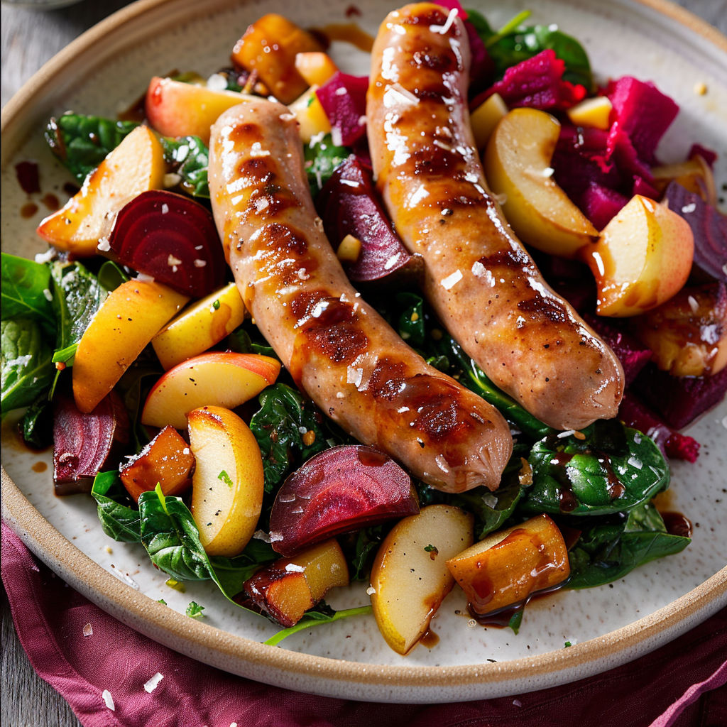 Plat servi avec pommes rôties, betteraves fondantes et saucisses dorées. Préparé dans un plat rustique.