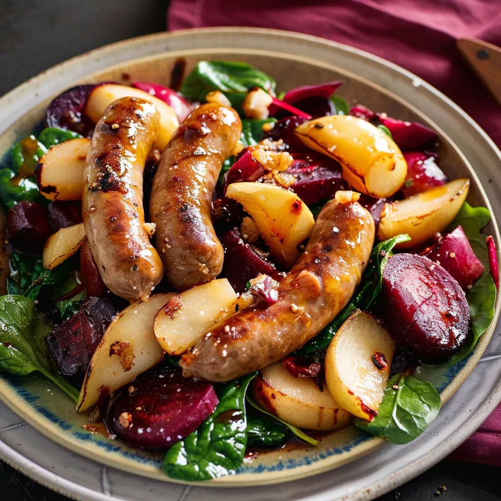 Un plat de légumes et viande grillés, pommes de terre et épinards, servi sur assiette en céramique.