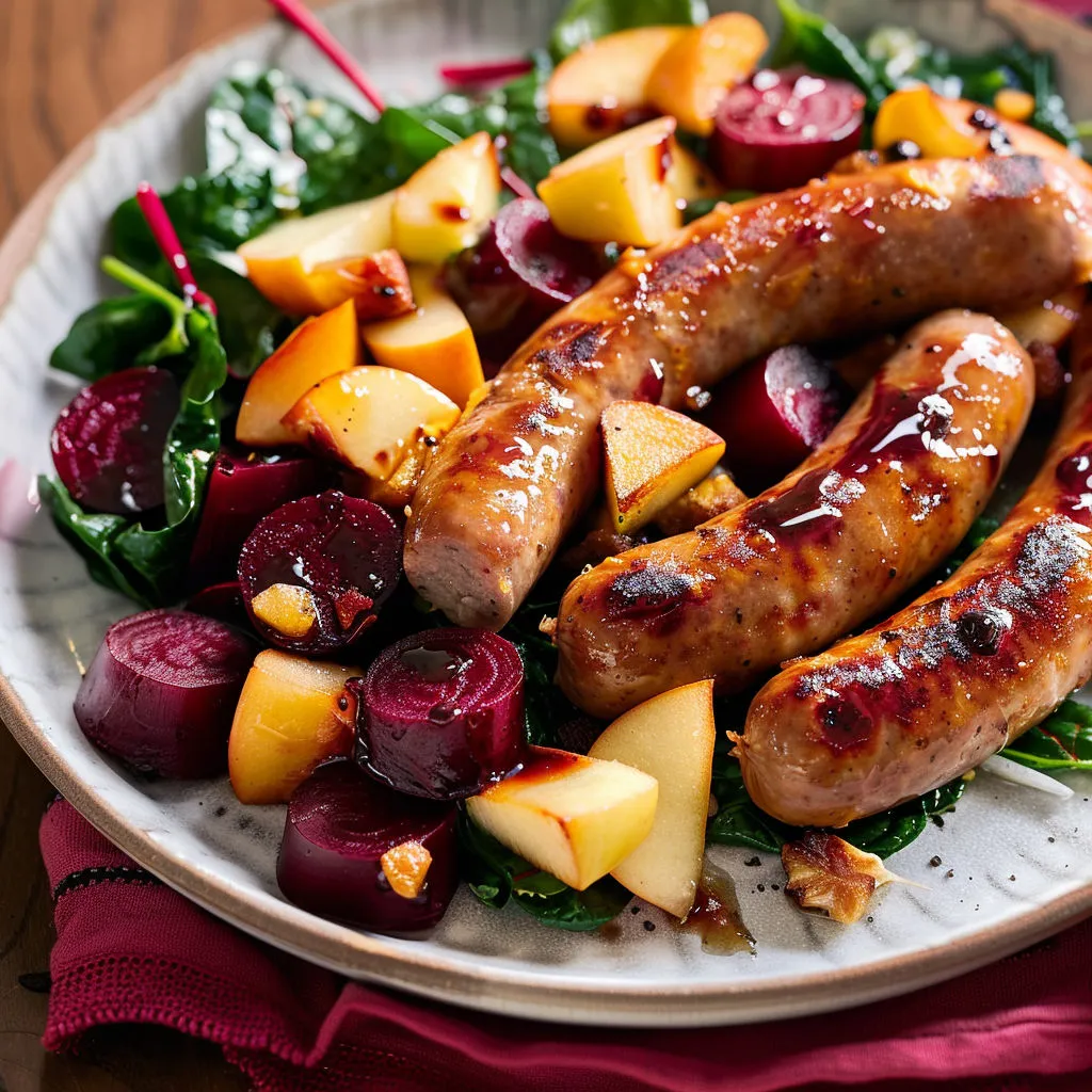 Un plat de légumes et viande grillés, nappé de sauce, sur un joli plateau.