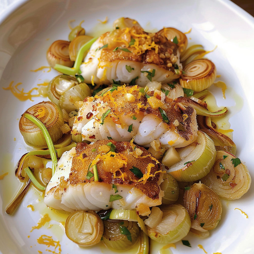 Plat de poisson avec fenouil, poireau et une touche d’orange sur une assiette blanche.