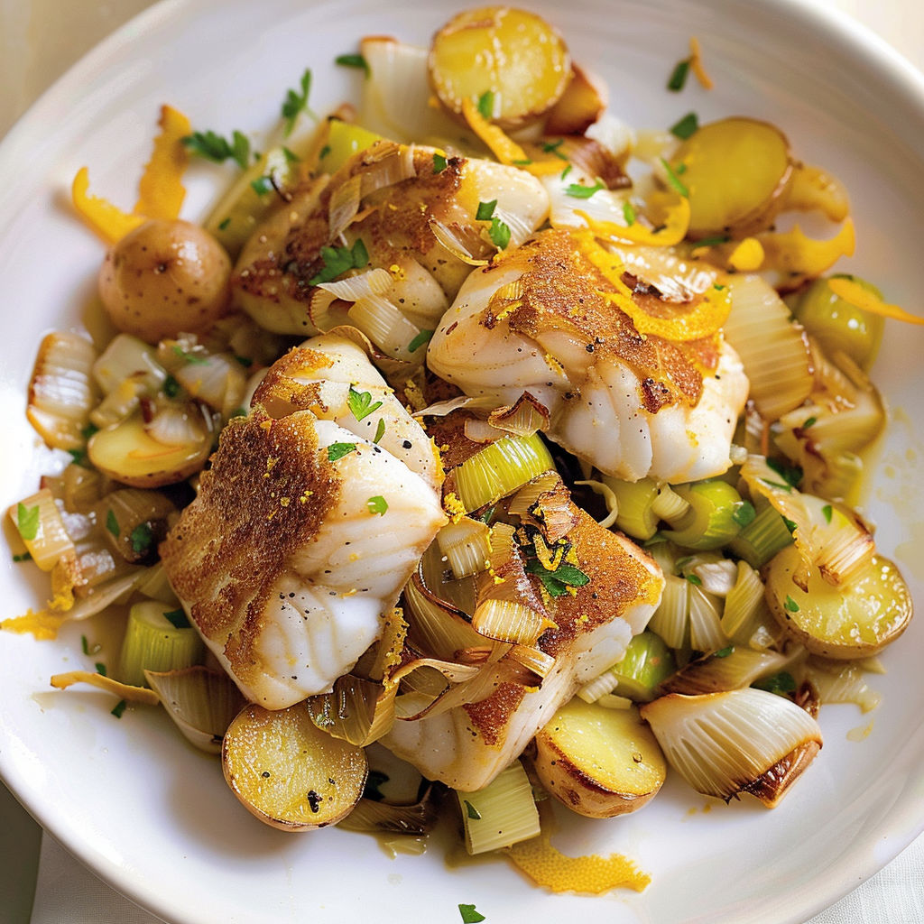Morue moelleuse parfumée à l’orange, légumes caramélisés et herbes fraîches pour relever le tout.