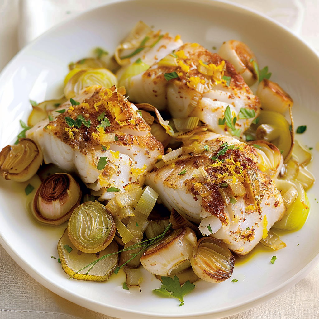Plat de poisson à l’orange, fenouil fondant, pommes de terre dorées.