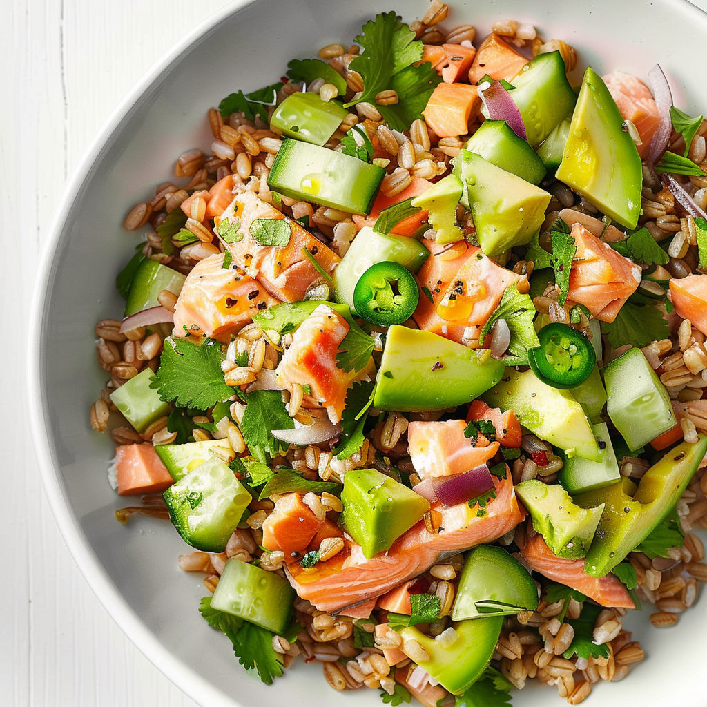 Un mélange de céréales, poisson et légumes verts avec quelques épices, disposé en salade.