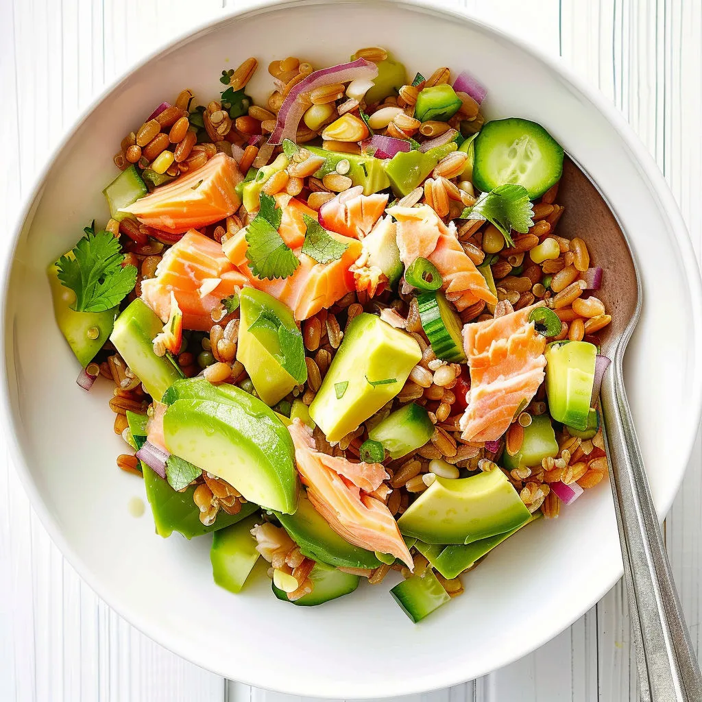 Un bol avec du quinoa, avocat, légumes verts et pois chiches en salade, prêt à être dégusté.
