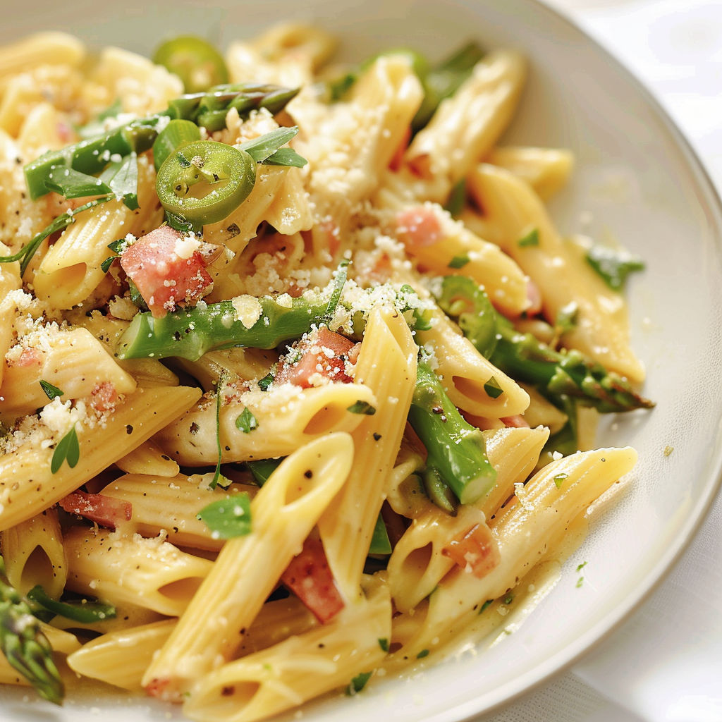 Pennes avec des légumes verts et touche d’épices.
