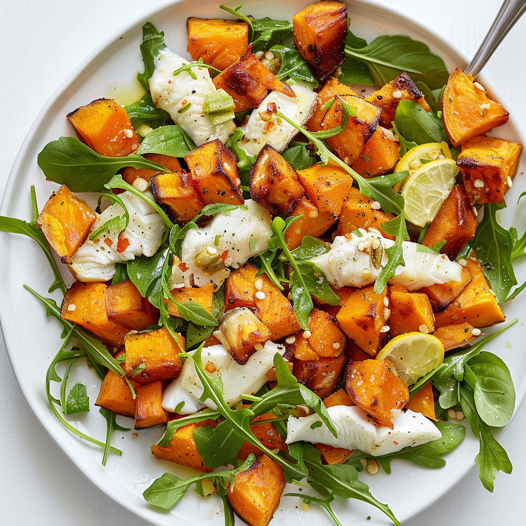 Patate douce, poisson, basilic et légumes mélangés dans un bol coloré.