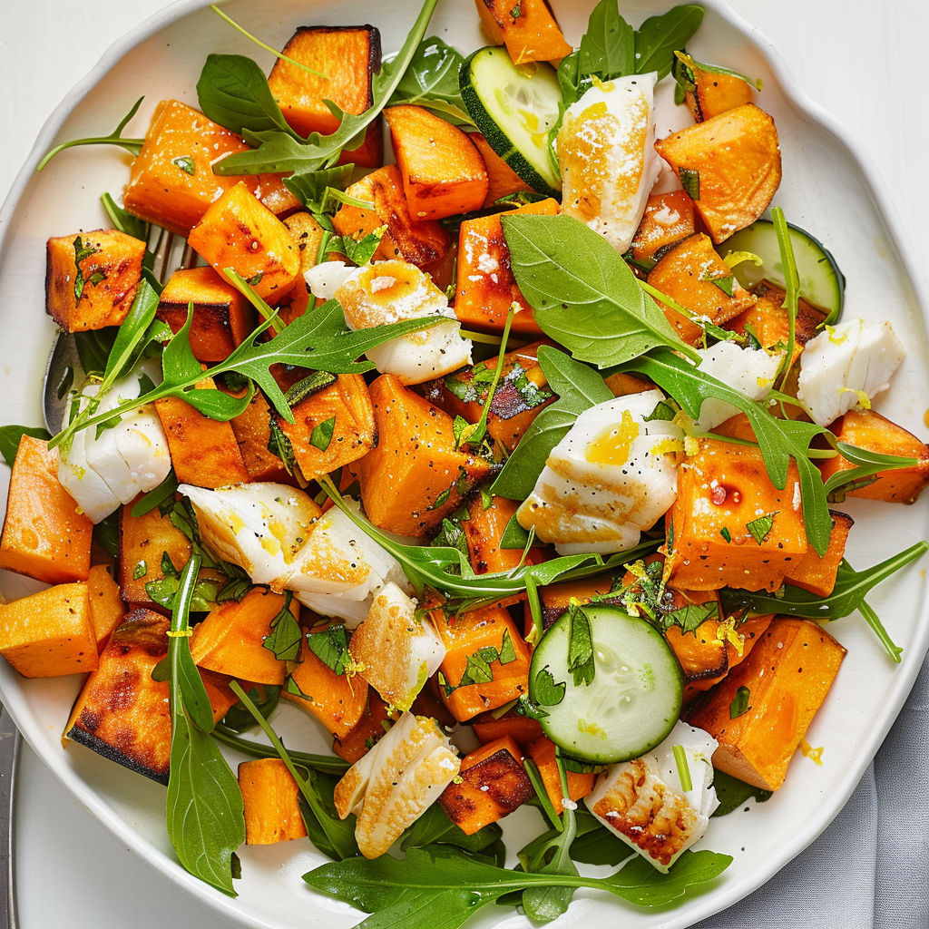 Grande salade de légumes avec poisson, carottes, concombres, courgettes et herbes fraîches.
