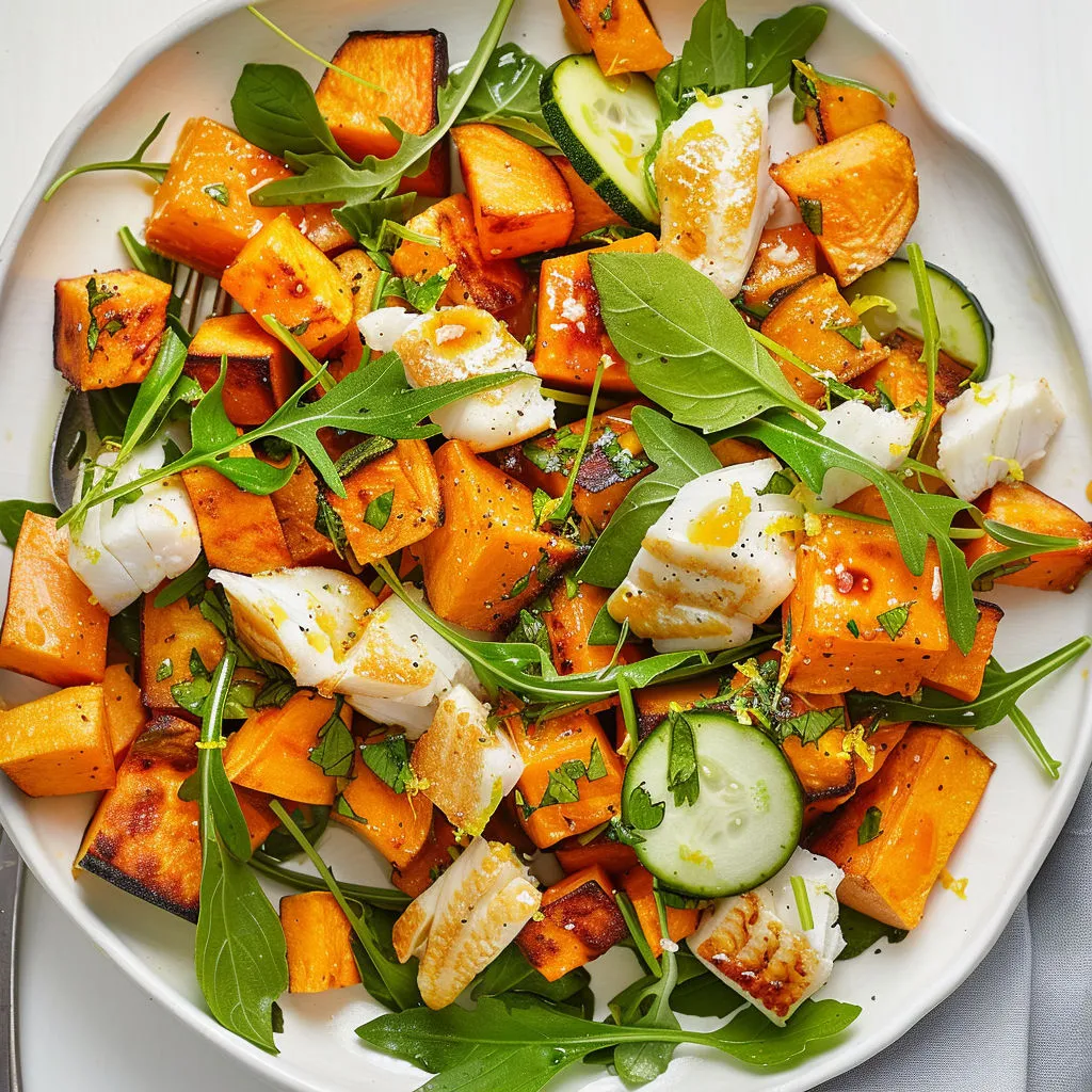 Grande salade de légumes avec poisson, carottes, concombres, courgettes et herbes fraîches.