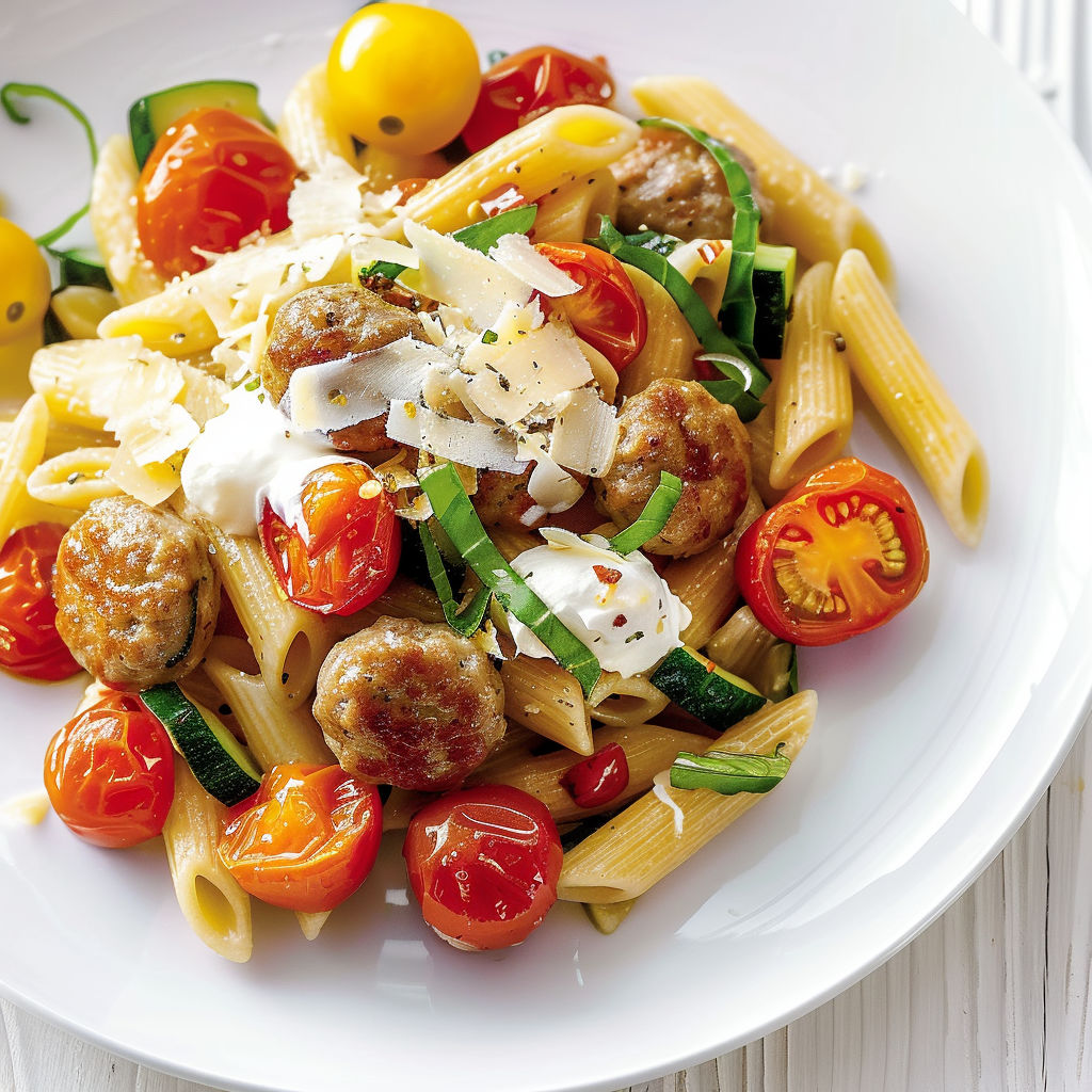 Un plat de pâtes avec tomates cerises et saucisse italienne.