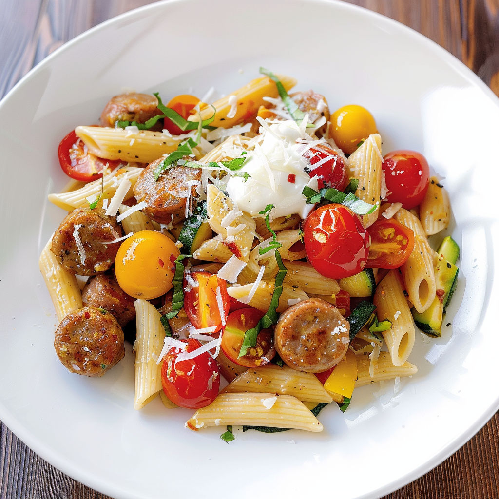 Assiette de spaghetti avec tomates, oignons, courgettes et saucisses.