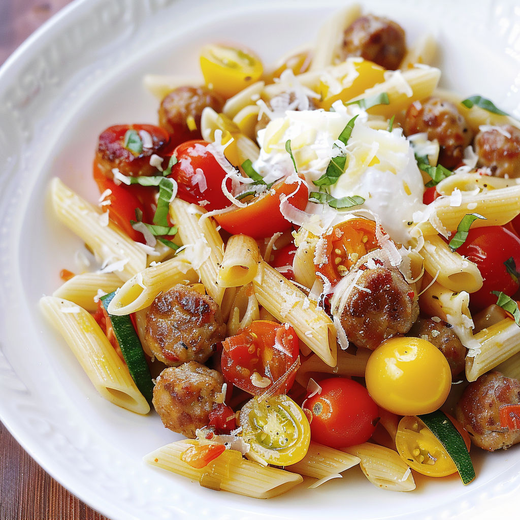 Salade de penne, tomates, oignons, aubergines et yaourt.