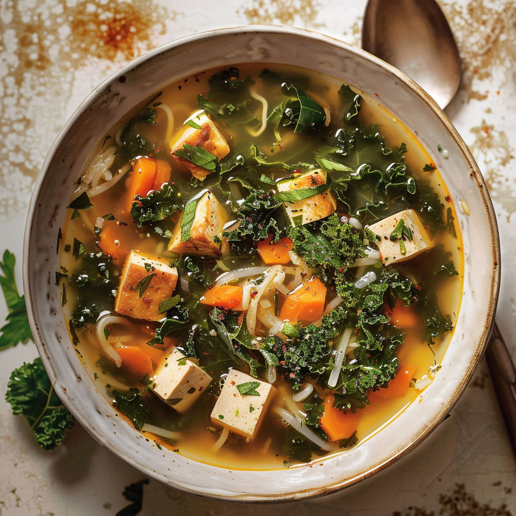 Grand bol de soupe aux légumes, nouilles, carottes et herbes fraîches.
