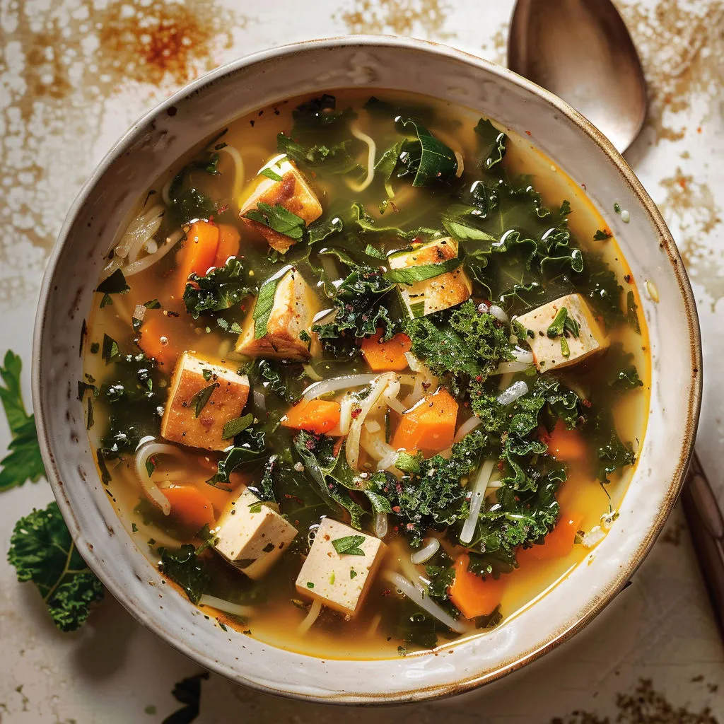 Grand bol de soupe aux légumes, nouilles, carottes et herbes fraîches.