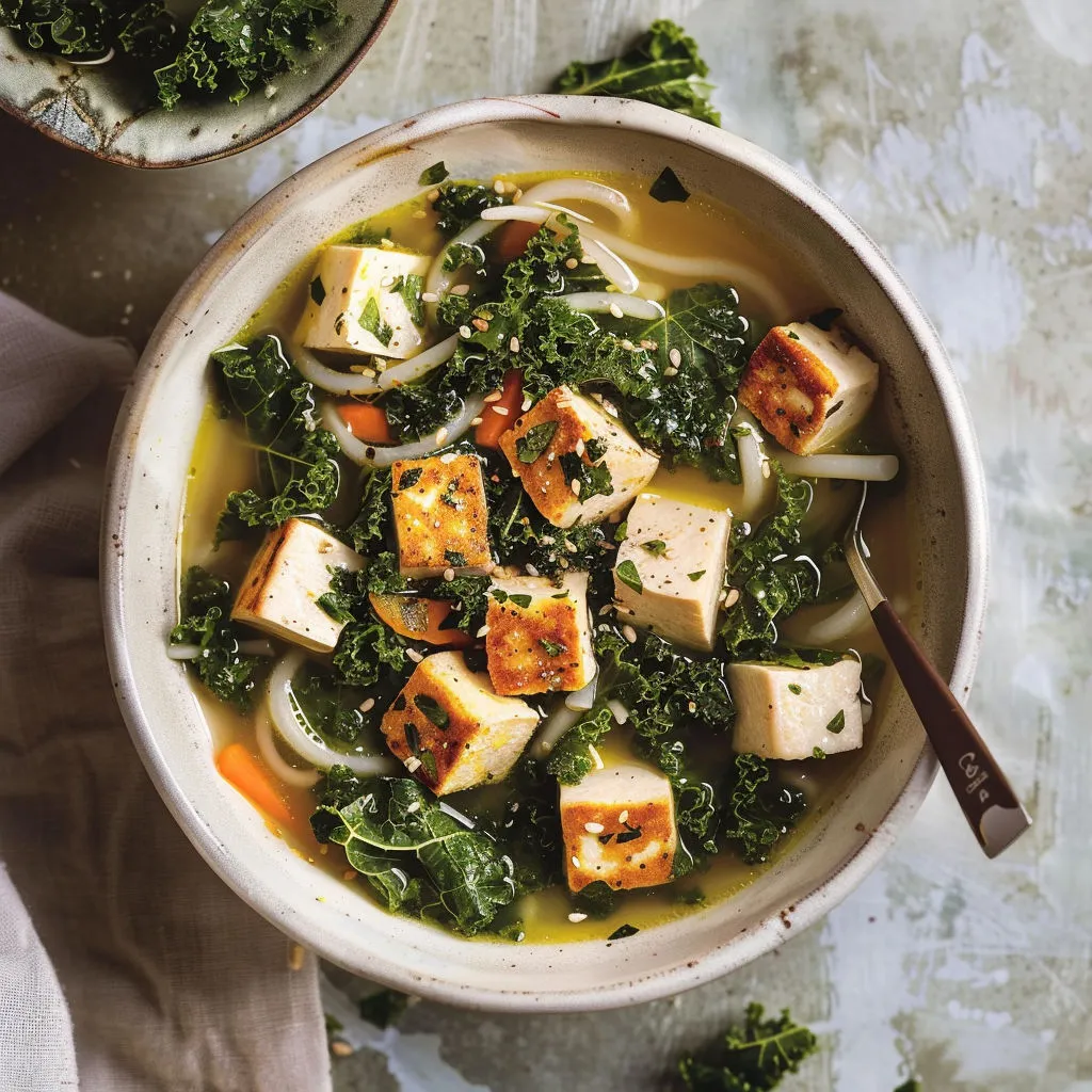 Bol généreux de soupe au tofu, épinards, nouilles et herbes fraîches.