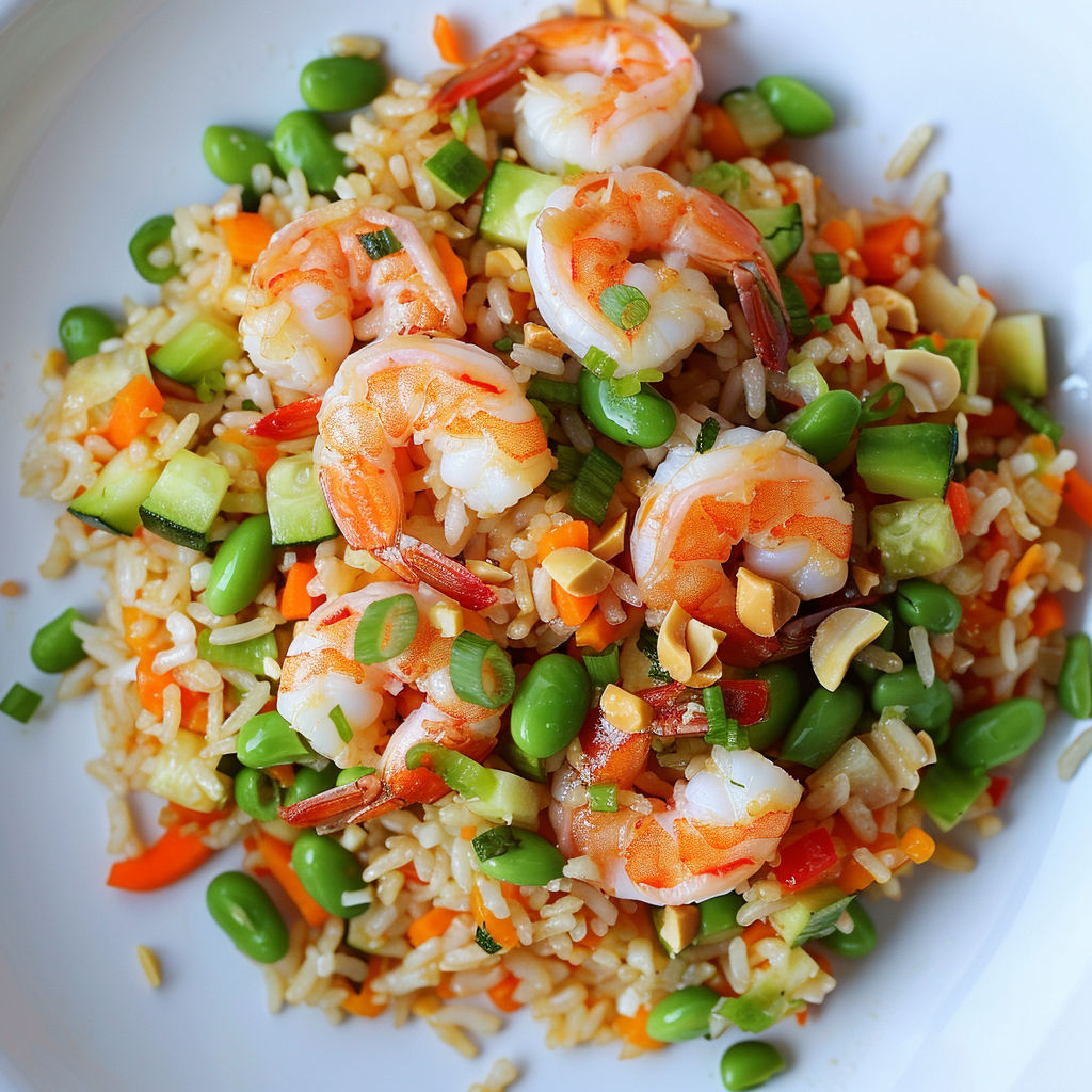 Un plat de riz frit aux crevettes, edamame, carotte et pois chiches, bien coloré.