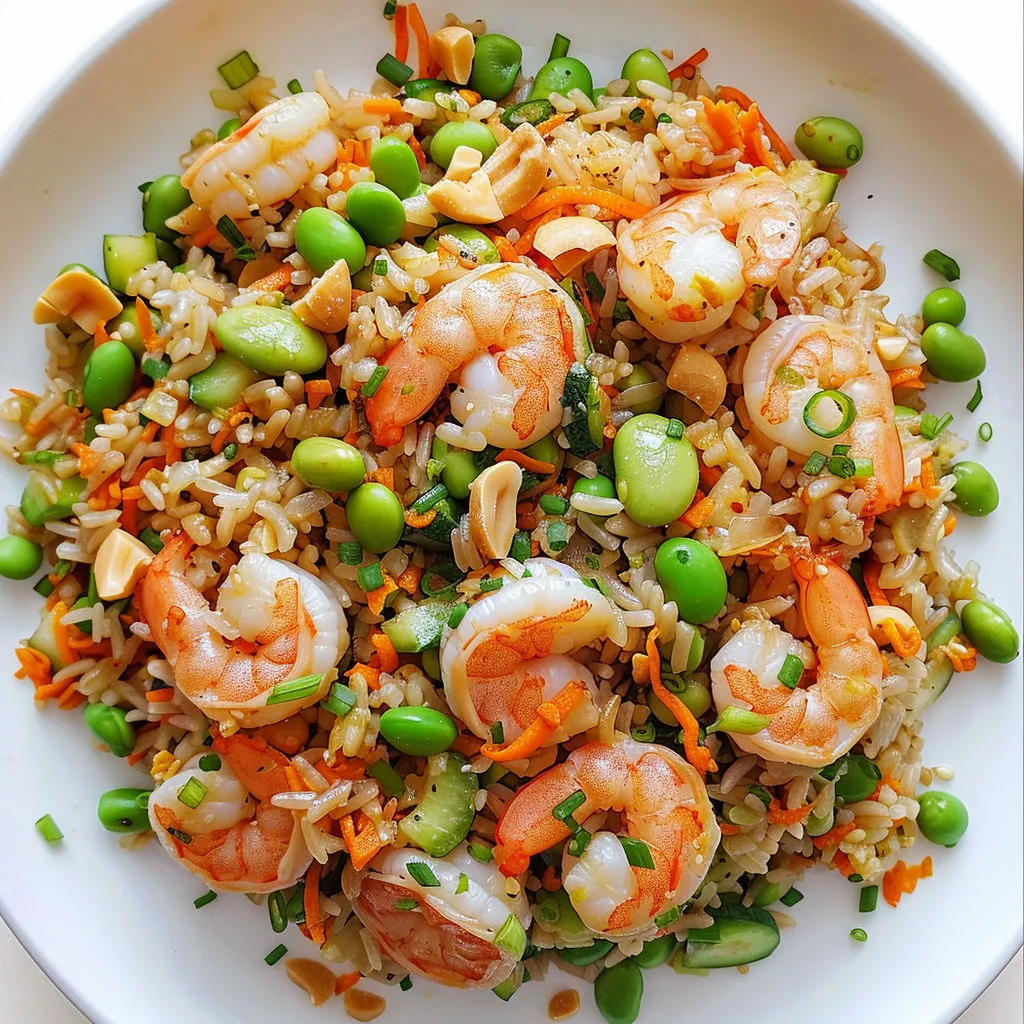 Une assiette de riz basmati avec crevettes et notes asiatiques.