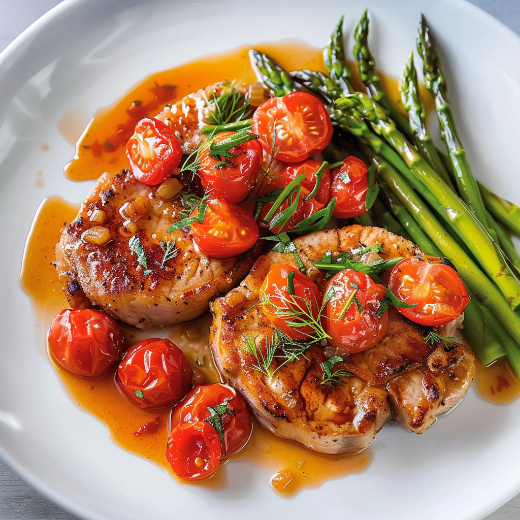 Porc aux tomates caramélisées et asperges croquantes dans une savoureuse sauce.