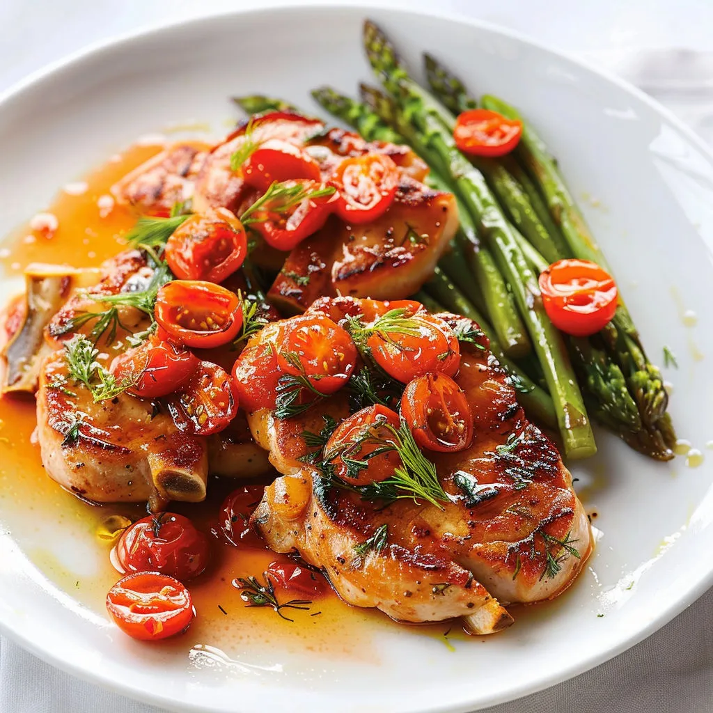Plat de porc doré, tomates fondantes et asperges servies avec herbes fraîches.