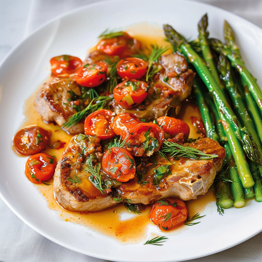 Assiette de côtelettes dorées nappées de sauce tomate-aneth, asperges et tomates à côté.