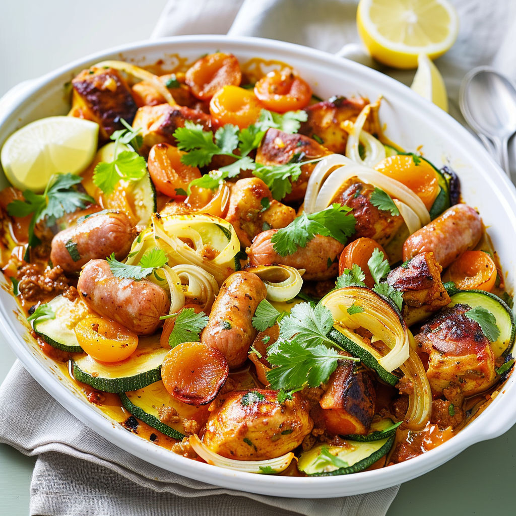 Plat de poulet et merguez rôtis avec des légumes et des épices.