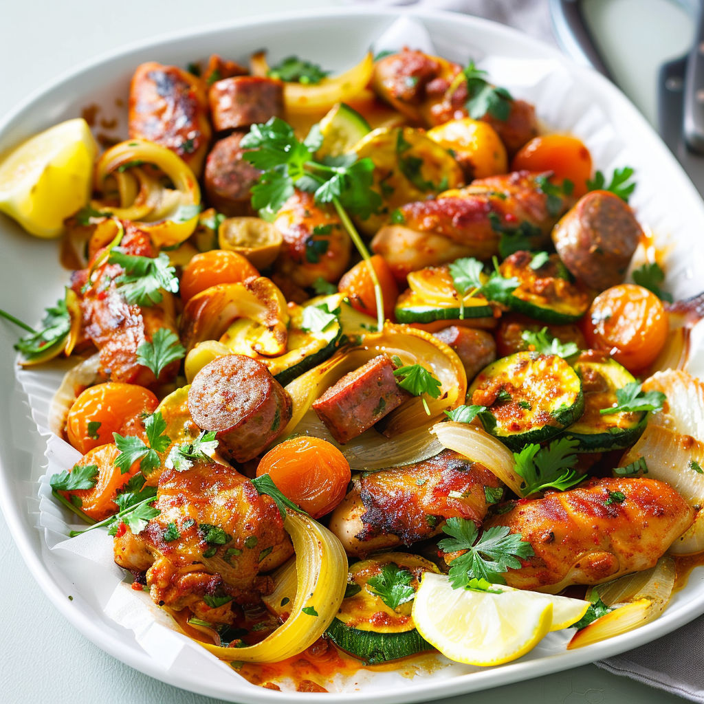 Belle assiette de viandes grillées avec légumes de saison et herbes fraîches, accompagnée de sauce citronnée.