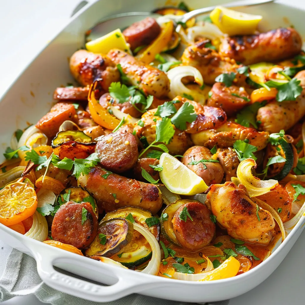 Plat de saumon rôti avec légumes variés et pommes de terre, présentation colorée.