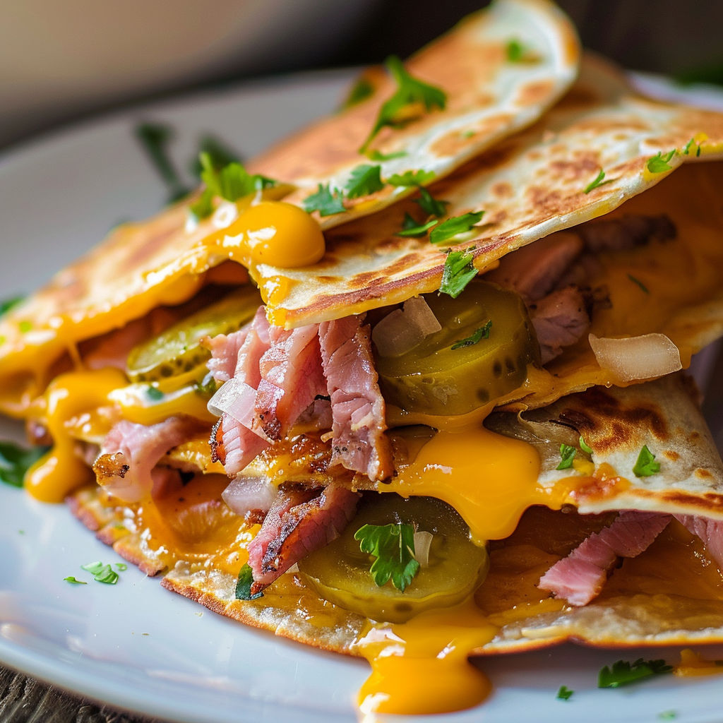 Une quesadilla fourrée à la viande fumée et au cheddar, servie avec des légumes frais.