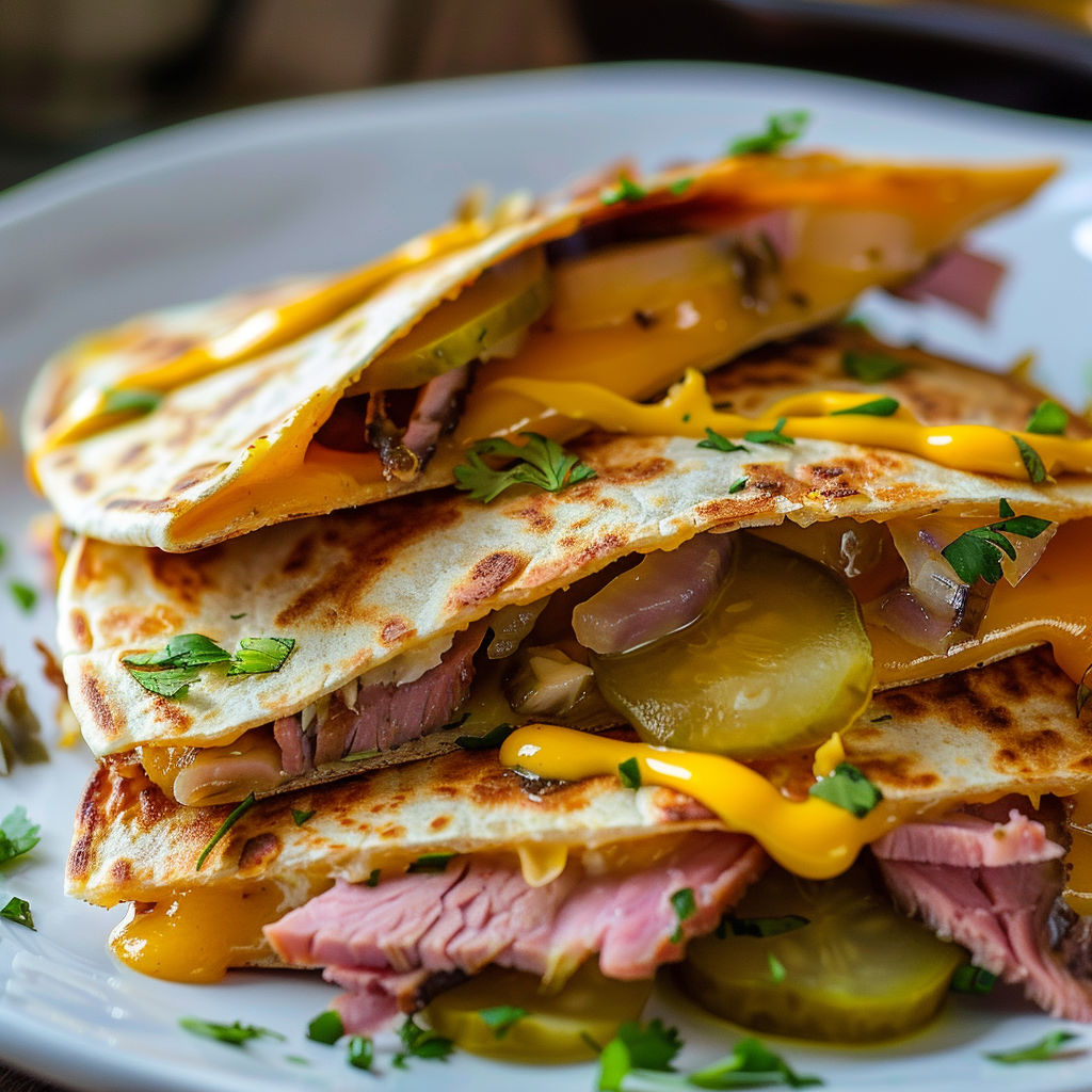 Un tas de sandwiches au fromage et légumes, garnis de poivrons et d’oignon rouge.