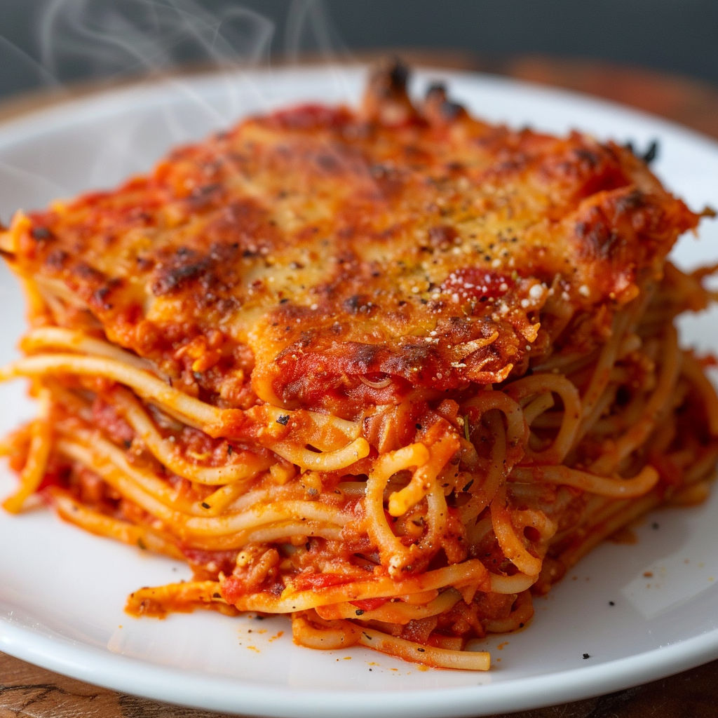 Une pile de spaghettis bien croustillants sautés à la poêle sur un plateau.
