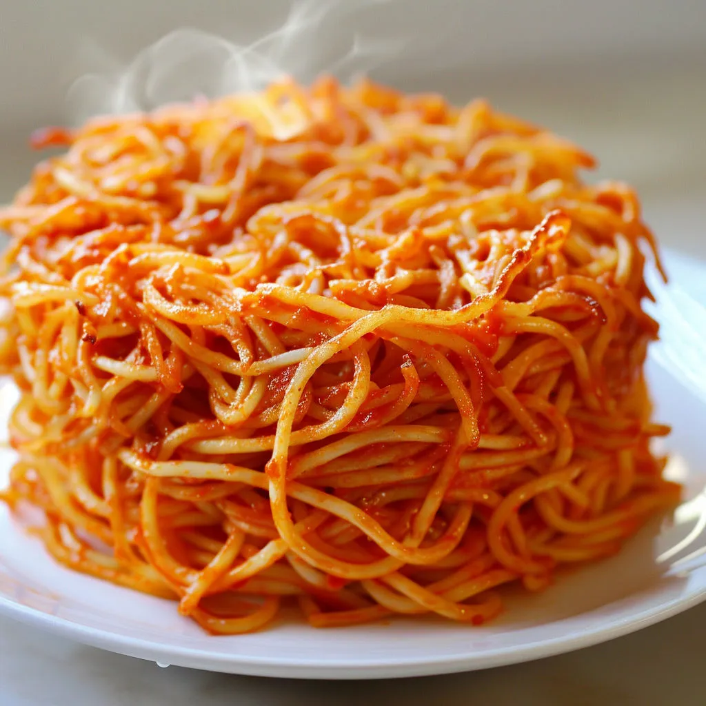 Une tarte de spaghettis poêlés façon rösti, servie avec sauce tomate et herbes fraîches sur un plateau.