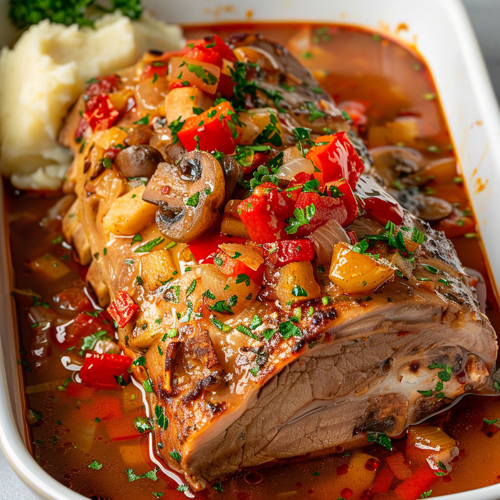 Plat de porc mijoté aux champignons, accompagné de légumes frais.