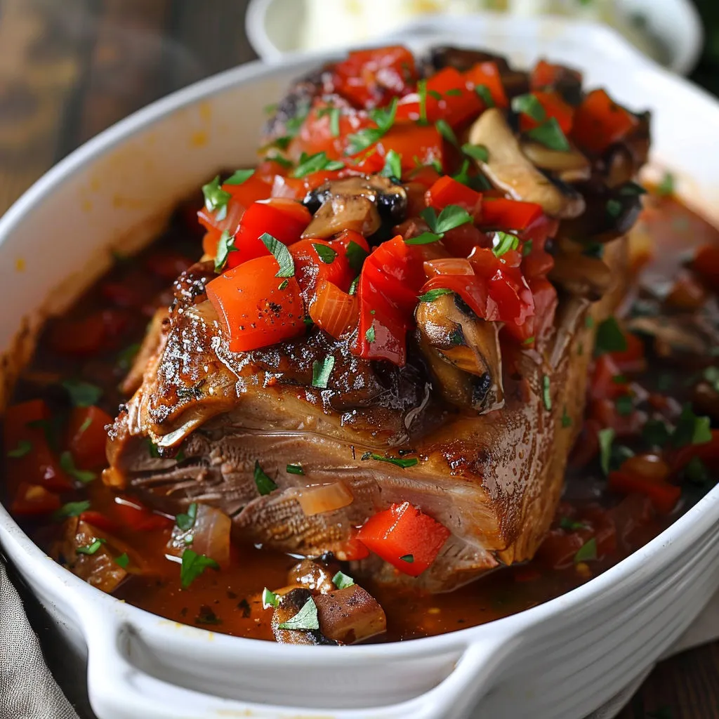 Un morceau de viande dorée avec légumes et quelques herbes dans une cocotte.