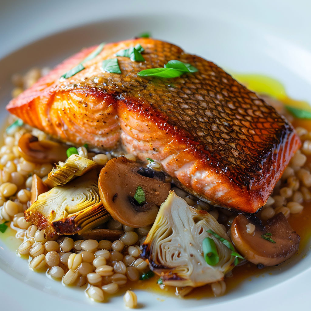 Saumon doré sauce citron vu du dessus, accompagné de légumes et d’herbes sur assiette blanche.