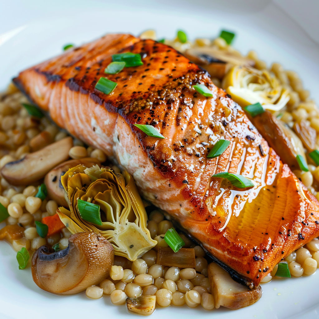 Un morceau de poisson grillé posé avec des légumes verts et des herbes sur un grand plat.