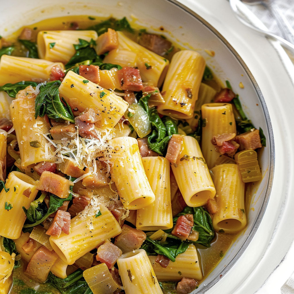 Plat coloré de rigatonis au porc, citron et épinards avec une touche gourmande.