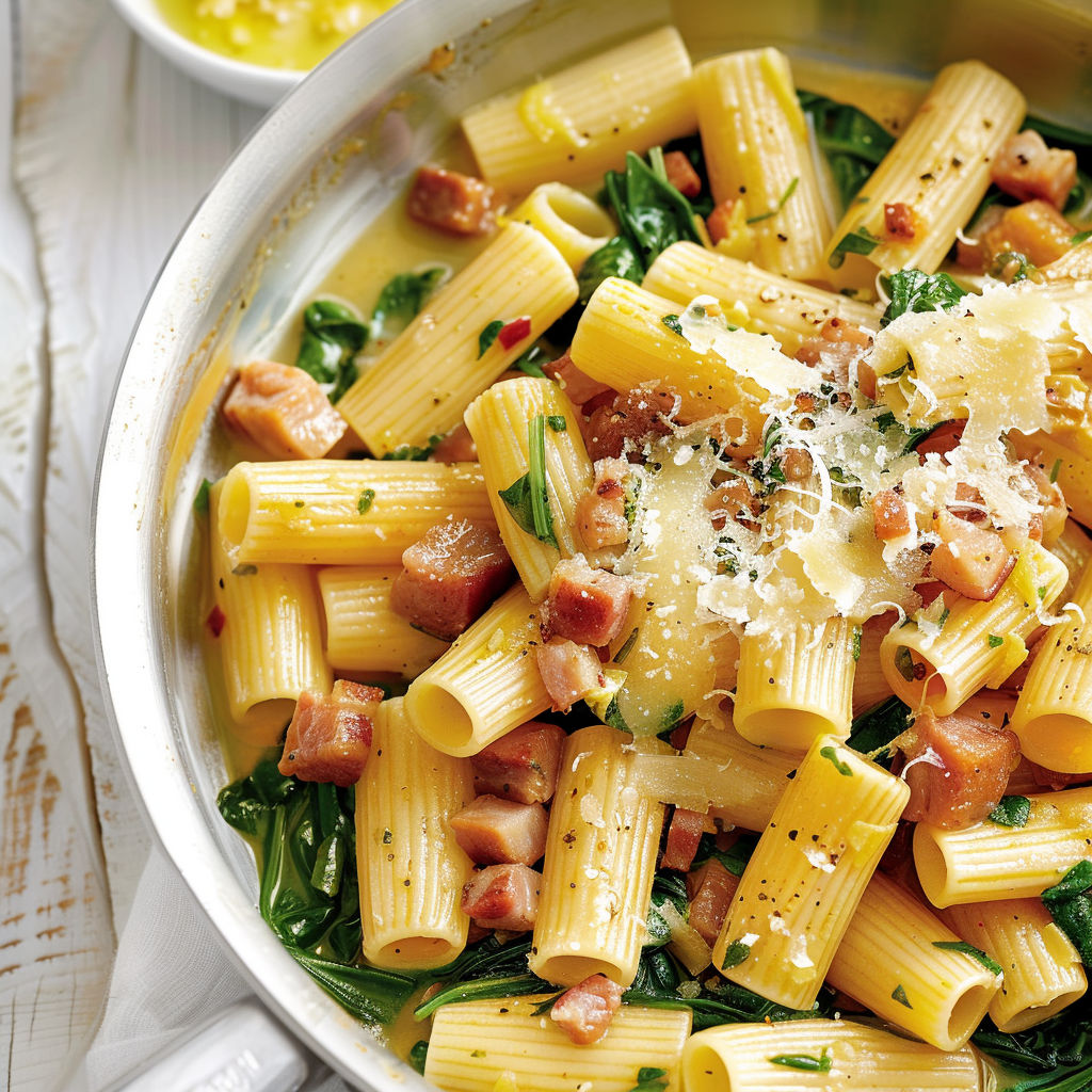 Un plat de penne avec viande et légumes dans un bol en métal argenté.