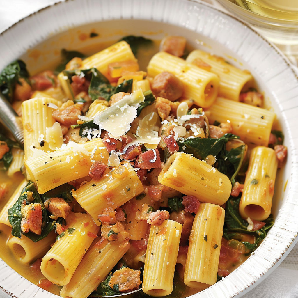 Macaronis au bacon et épinards dans une assiette.