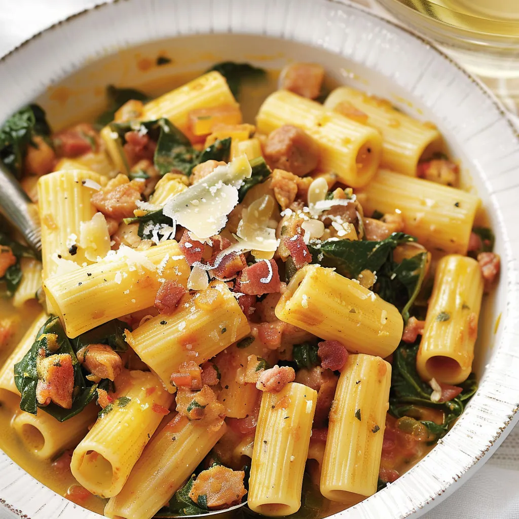 Macaronis au bacon et épinards dans une assiette.