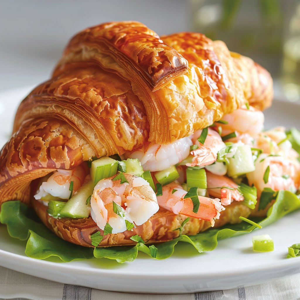 Un croissant rempli de crevettes nordiques et pomme verte sur un plateau.